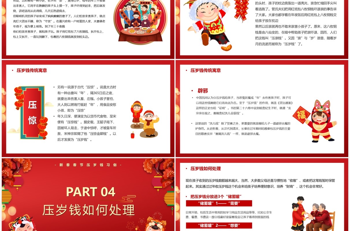 红色中国风春节压岁钱习俗介绍PPT模板