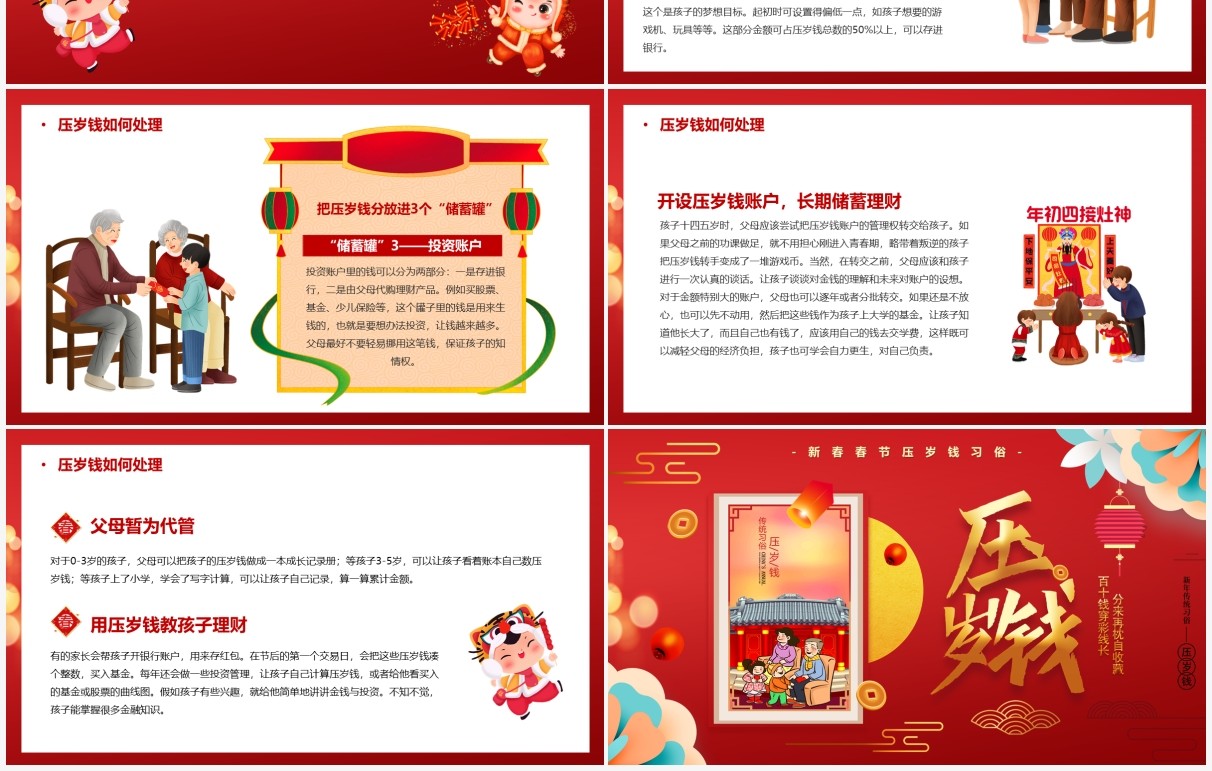 红色中国风春节压岁钱习俗介绍PPT模板