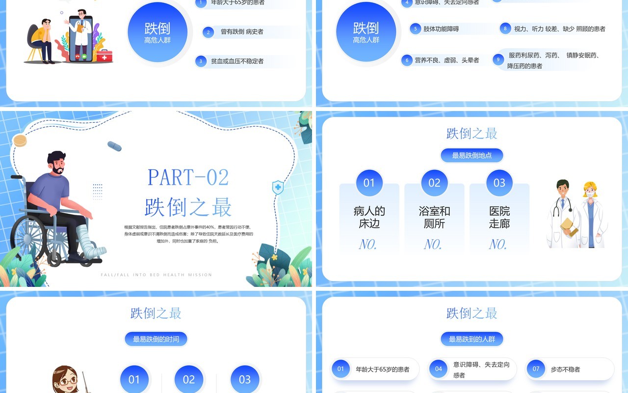 蓝色卡通风跌倒坠床健康宣教PPT模板
