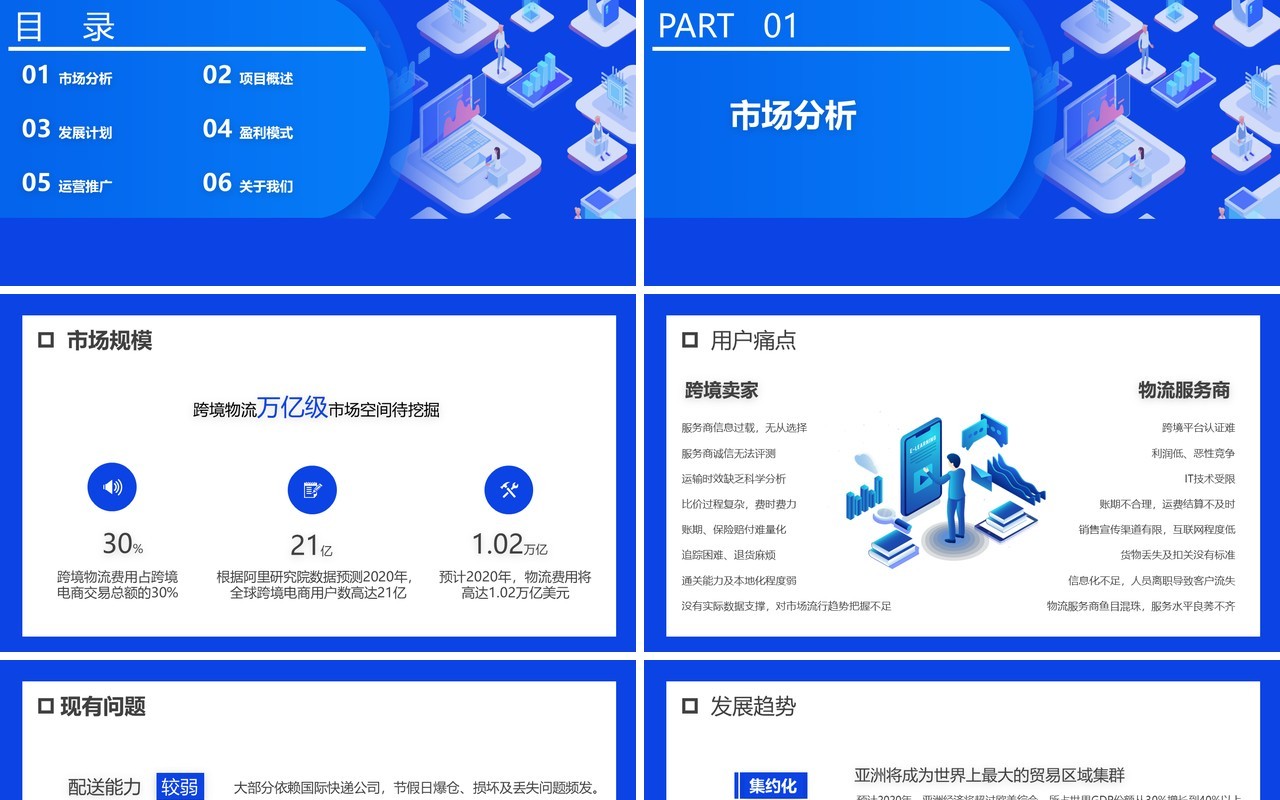 2.5D简约蓝色智慧跨境电商方案策划PPT模板