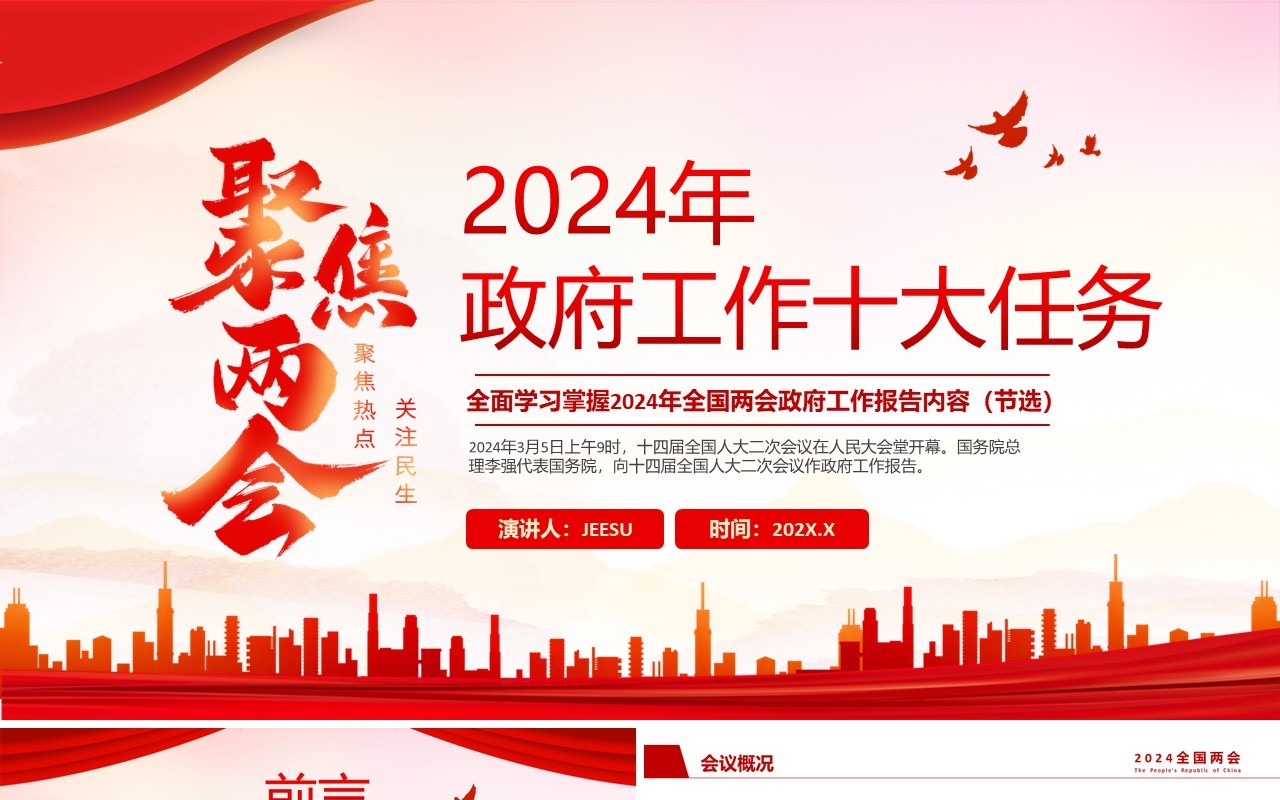红色简约风2024年政府工作十大任务PPT模板