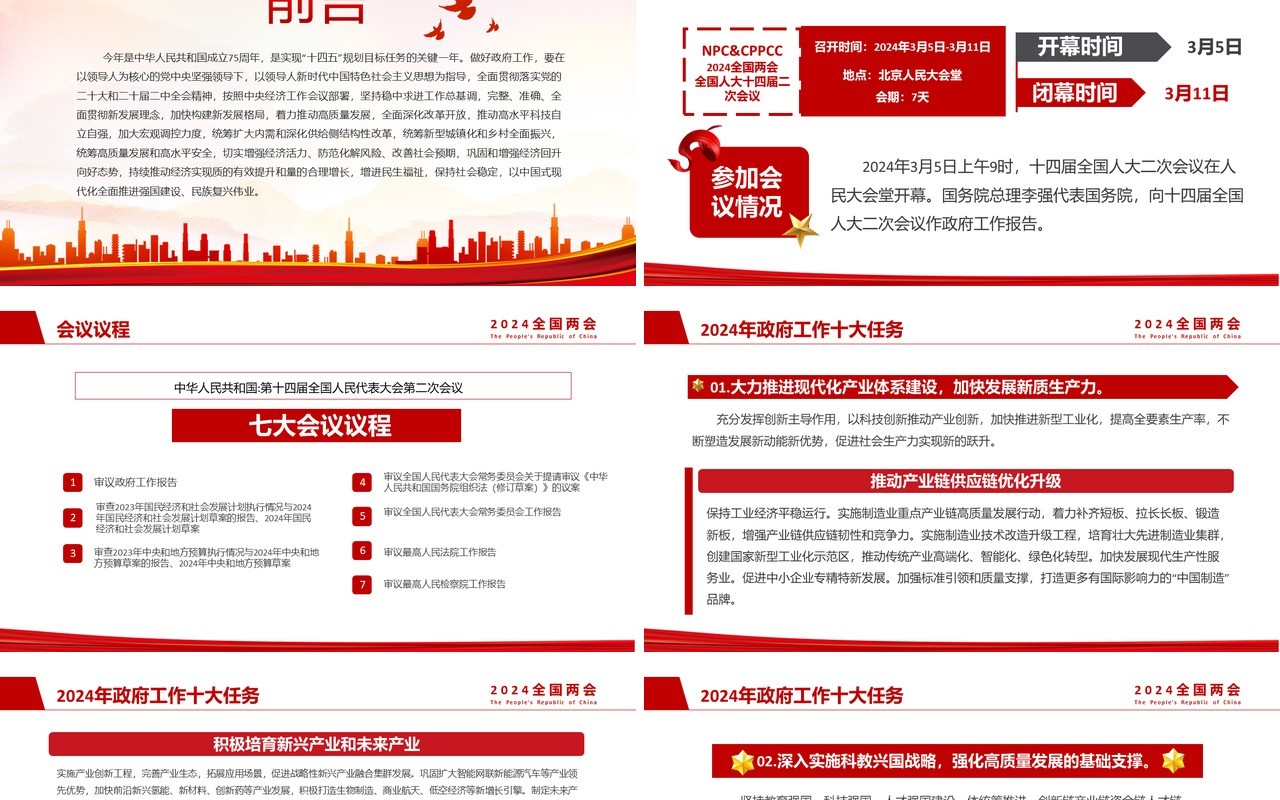红色简约风2024年政府工作十大任务PPT模板