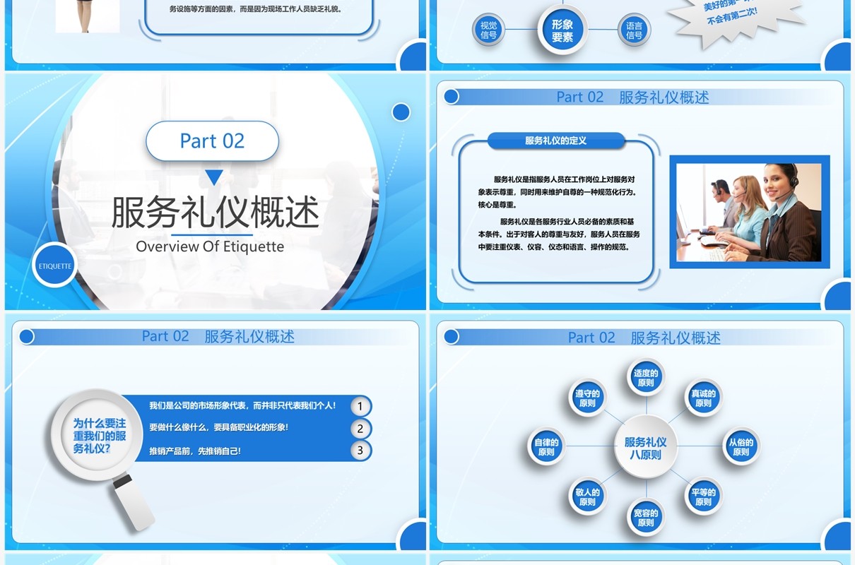 蓝色商务营业员基本服务礼仪培训PPT模板