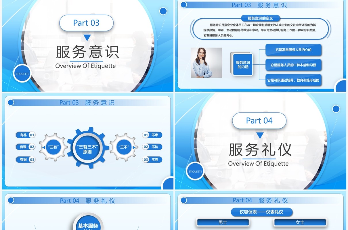 蓝色商务营业员基本服务礼仪培训PPT模板