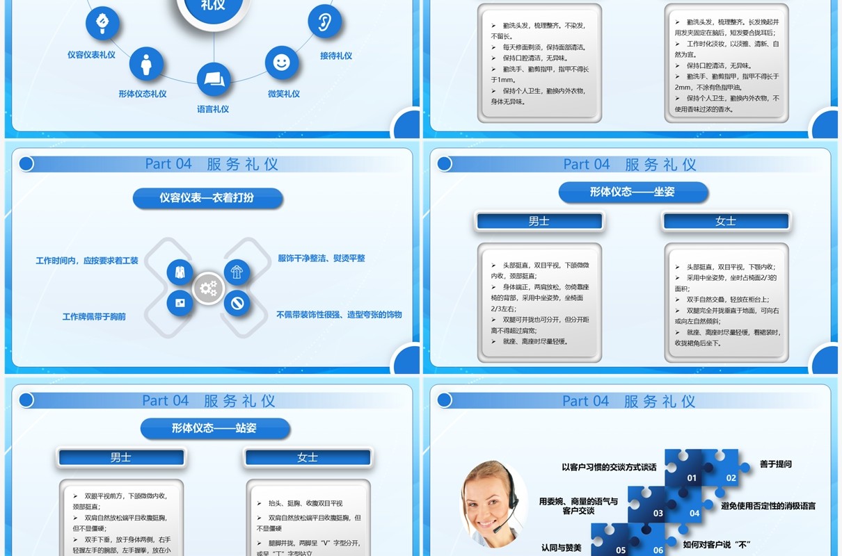 蓝色商务营业员基本服务礼仪培训PPT模板