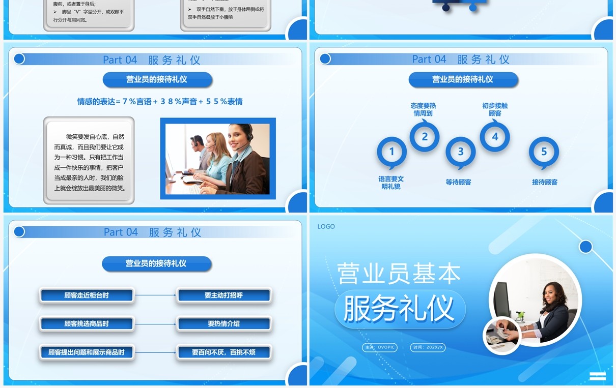 蓝色商务营业员基本服务礼仪培训PPT模板