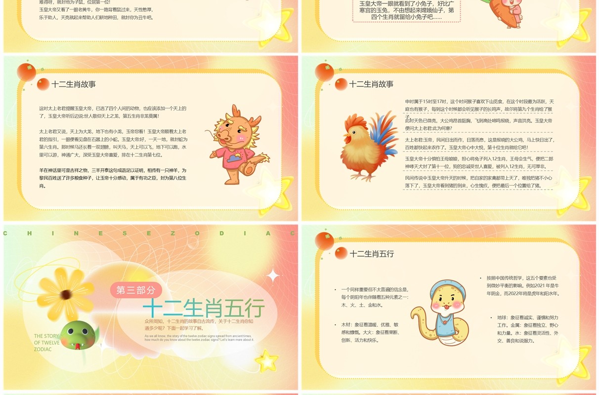 粉黄渐变简约风十二生肖故事PPT模板