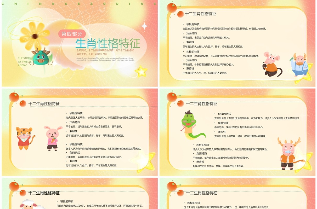 粉黄渐变简约风十二生肖故事PPT模板