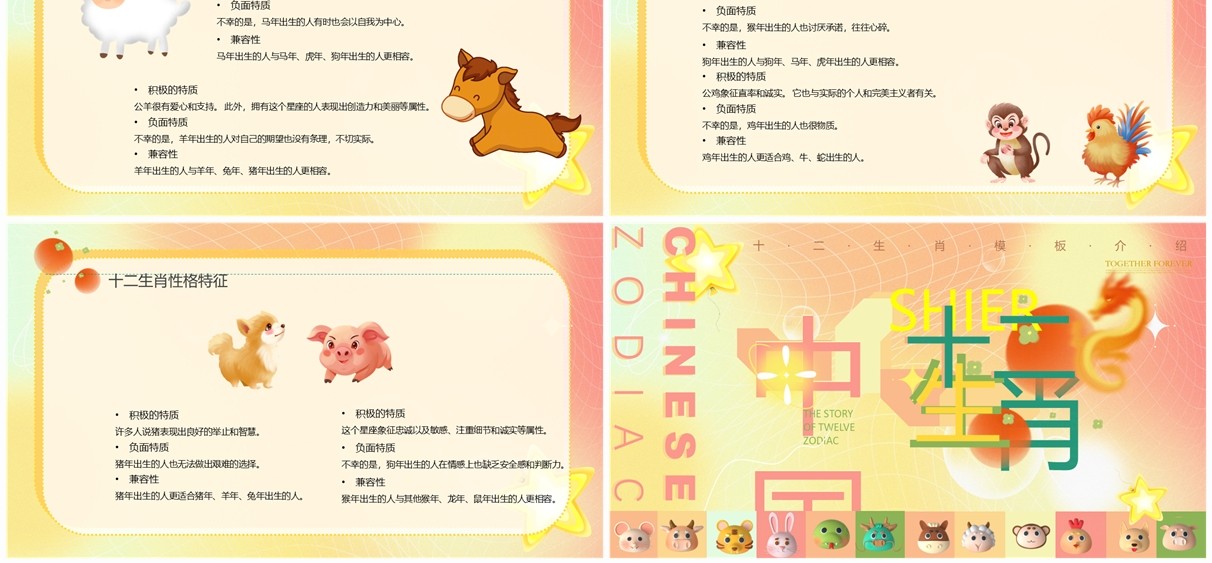 粉黄渐变简约风十二生肖故事PPT模板