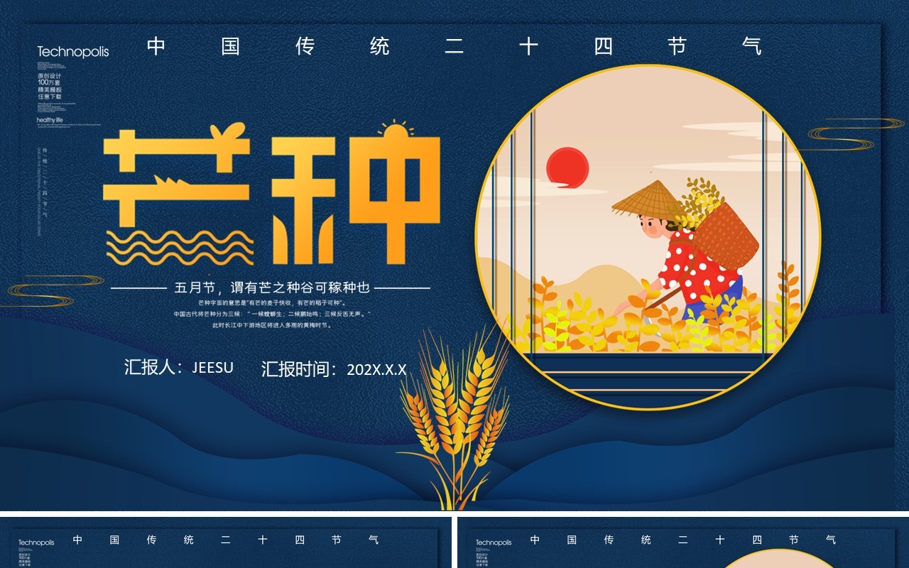 创意简约卡通小清新二十四节气芒种PPT模板