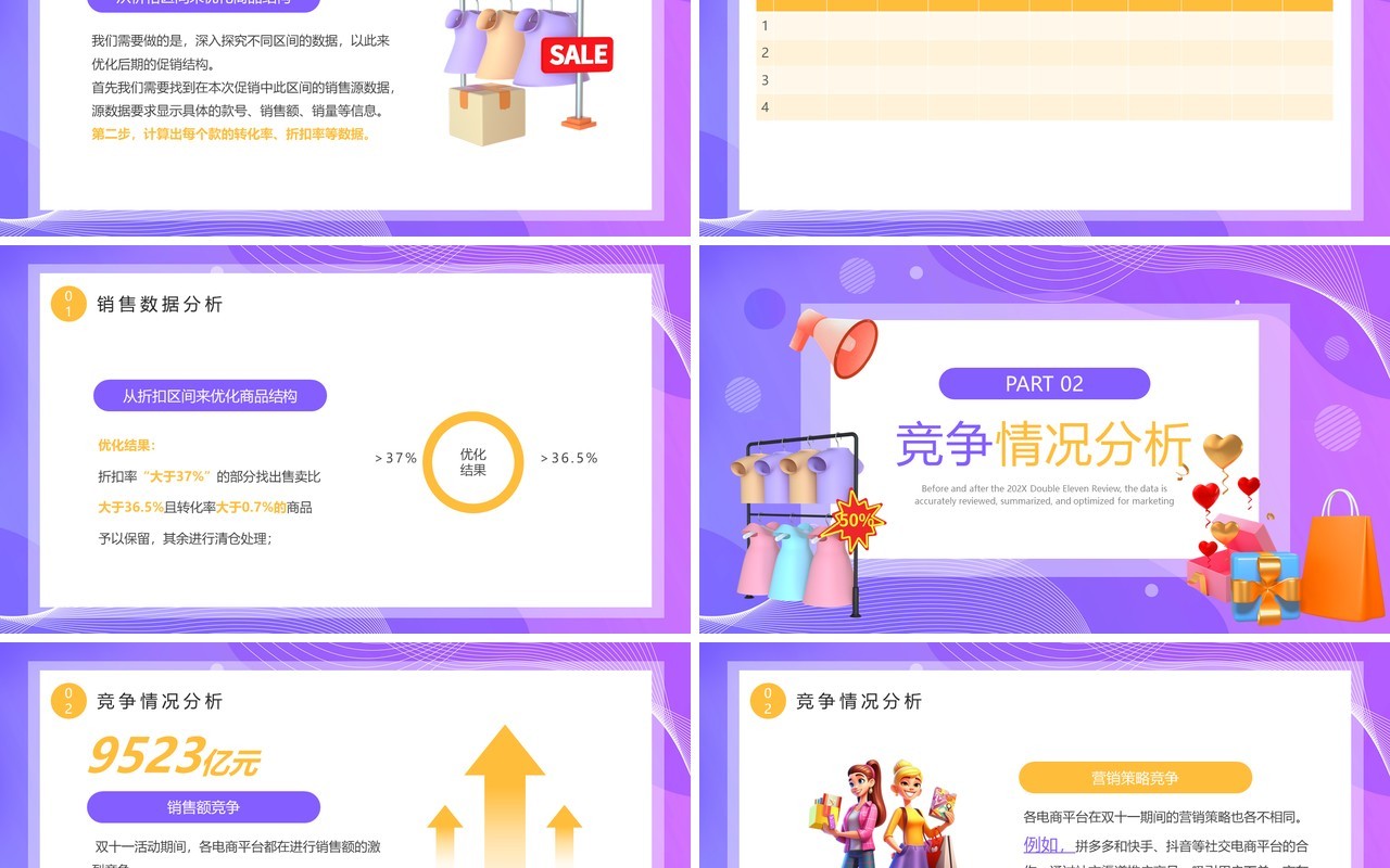 紫色插画风双十一数据复盘PPT模板