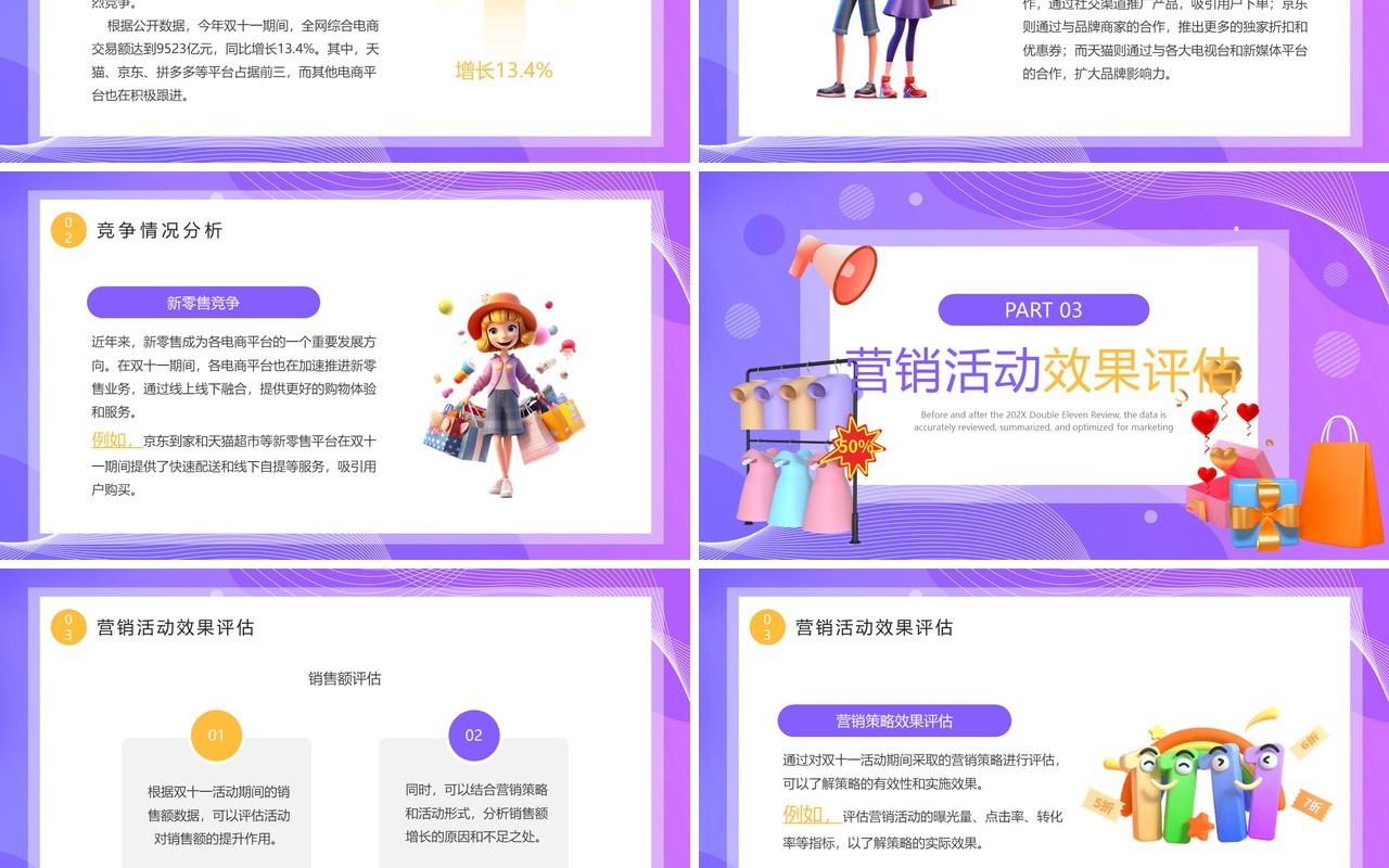 紫色插画风双十一数据复盘PPT模板