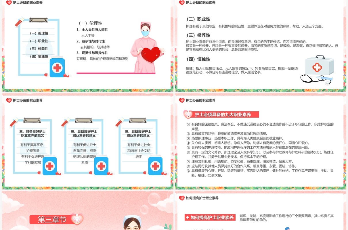 粉色卡通风护士职业素养PPT模板