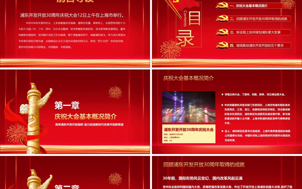 红色喜庆简约浦东开发开放三十周年PPT模板
