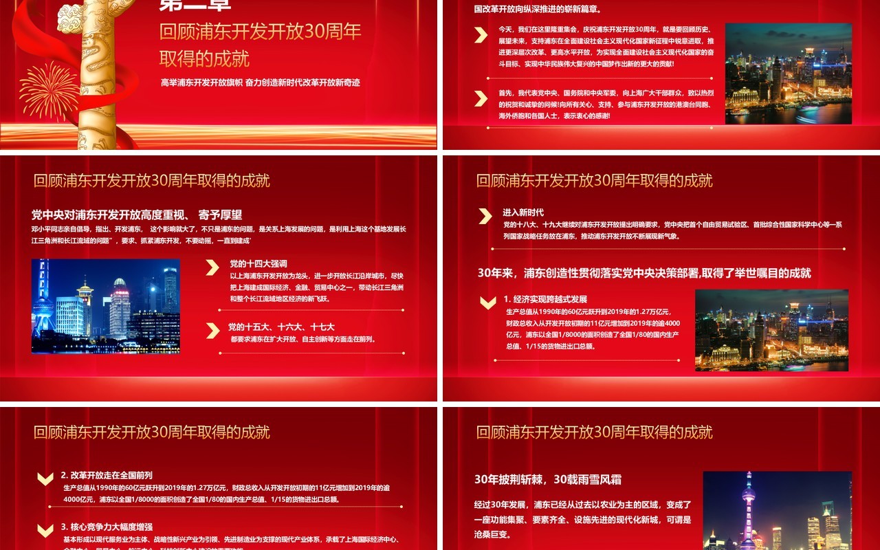 红色喜庆简约浦东开发开放三十周年PPT模板
