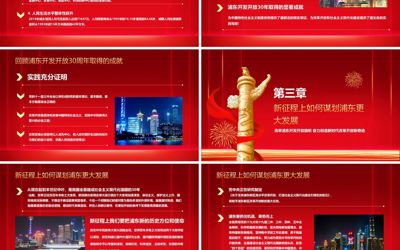 红色喜庆简约浦东开发开放三十周年PPT模板