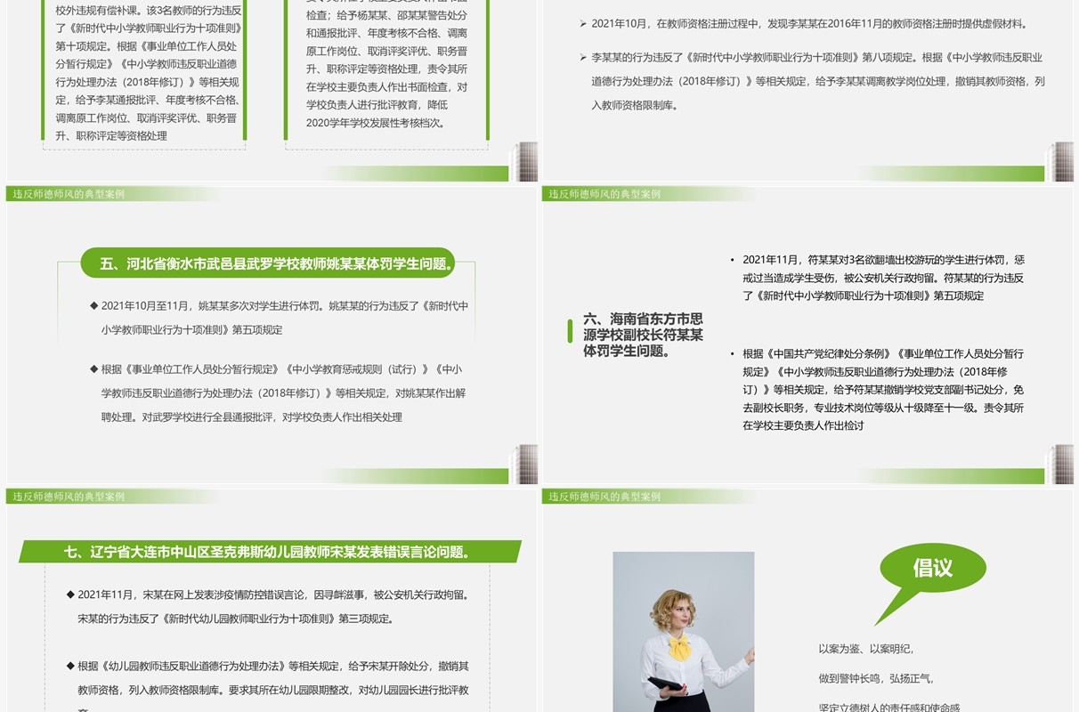 绿色简约风师德师风警示教育PPT模板