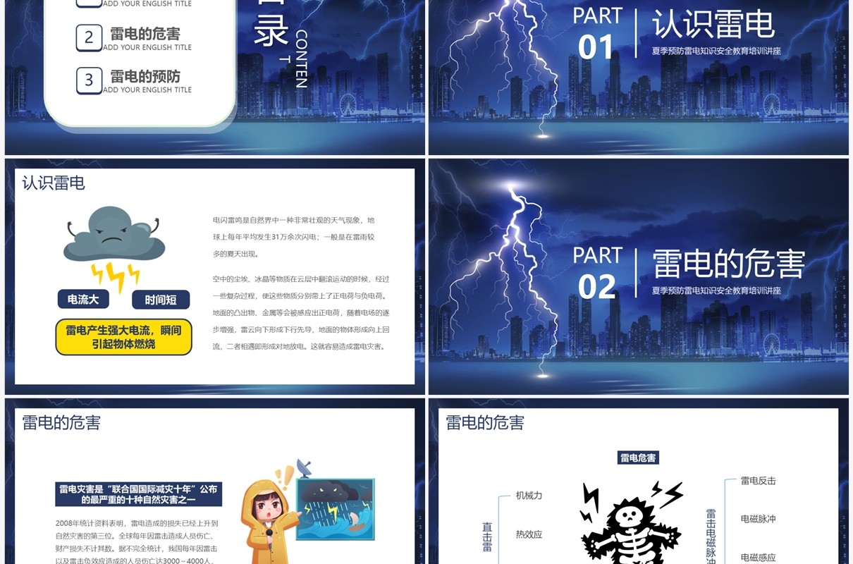 蓝色卡通风夏季防雷电安全教育PPT模板