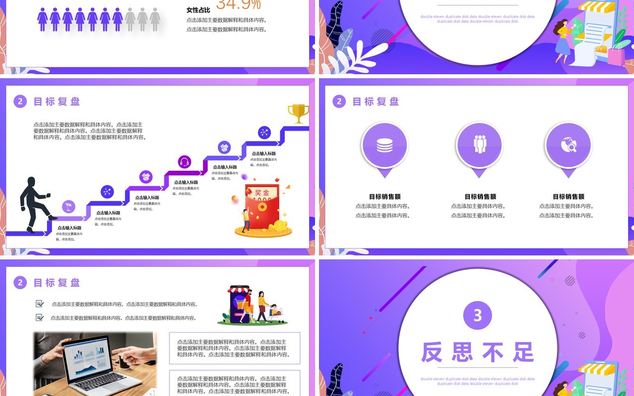 紫色简约双十一复盘总结工作报告PPT模板