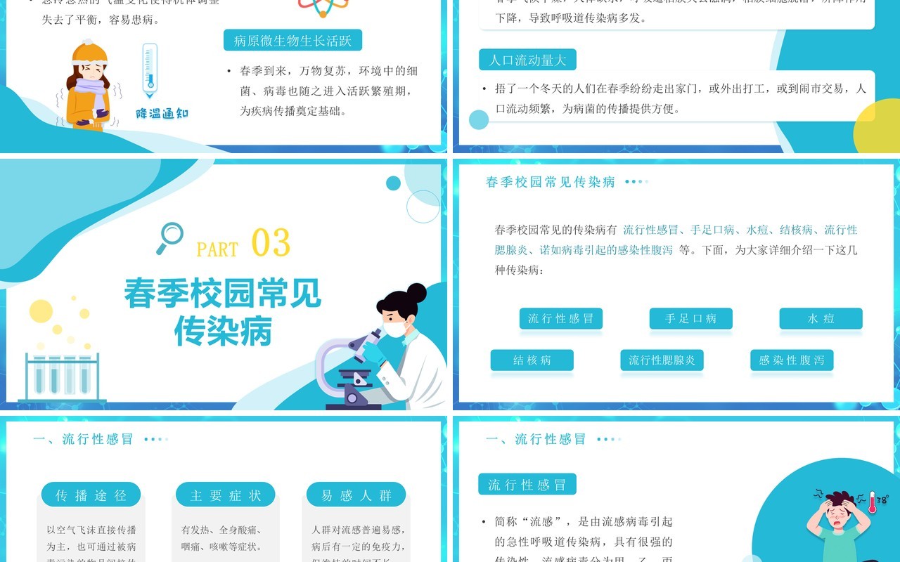 蓝色卡通扁平化春季传染病预防科普知识PPT模板