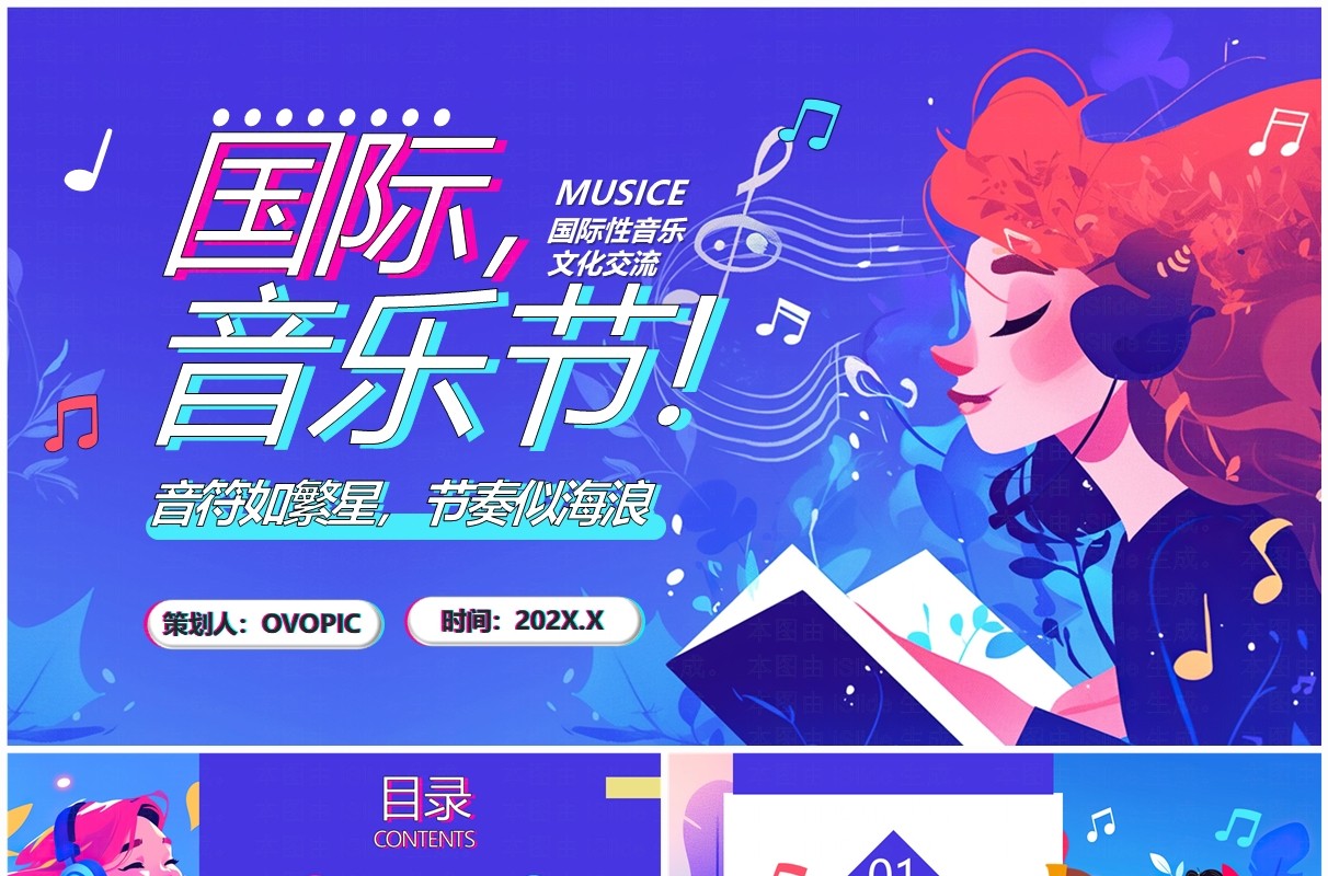 蓝紫插画风国际音乐节PPT通用模板