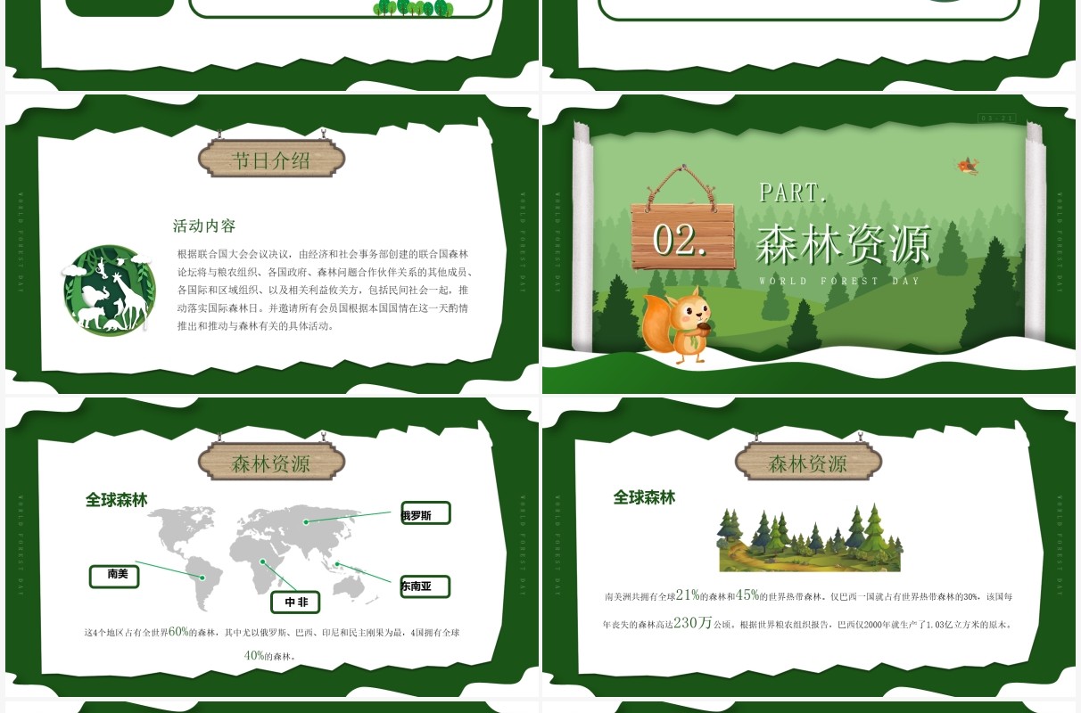 绿色卡通世界森林日主题班会PPT模板