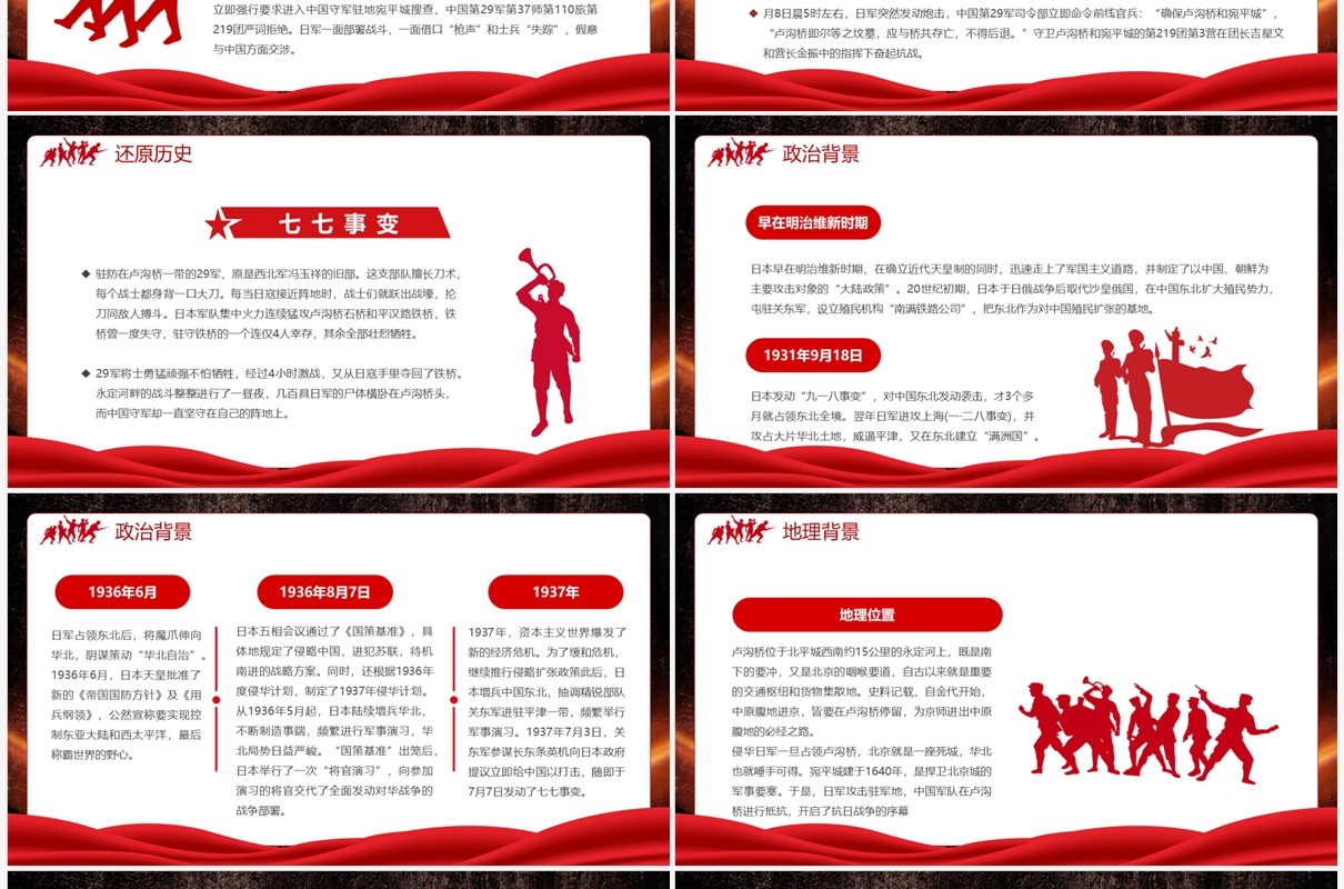 红色复古风七七事变86周年缅怀先烈珍爱和平PPT模板