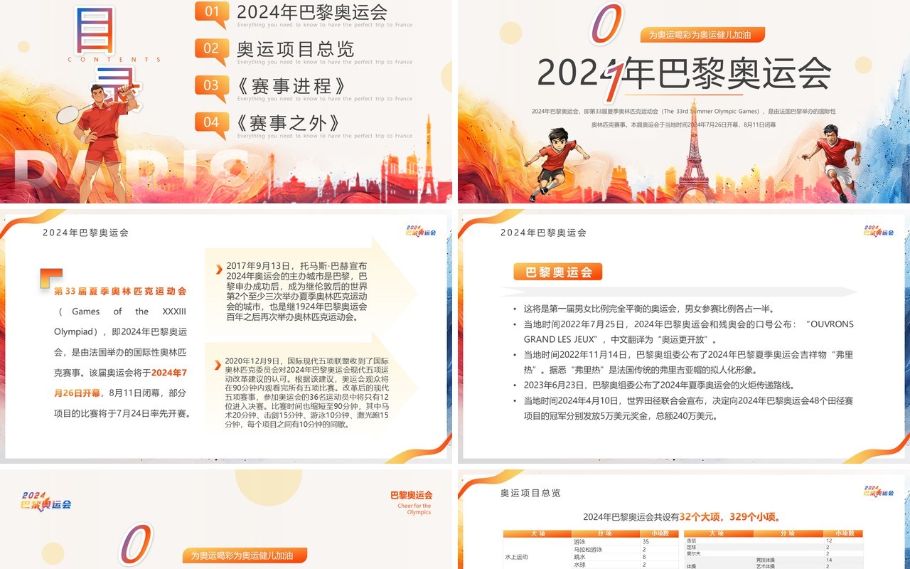 橙色卡通风2024巴黎奥运会PPT模板