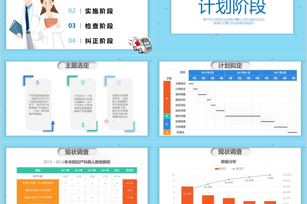 2.5插画医院护理PDCA品管圈案例汇报PPT模板