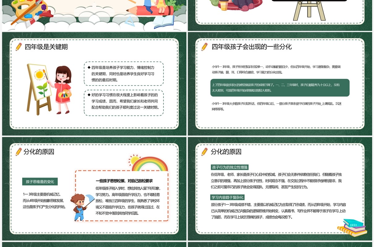 绿色卡通风小学四年级家长会PPT模板