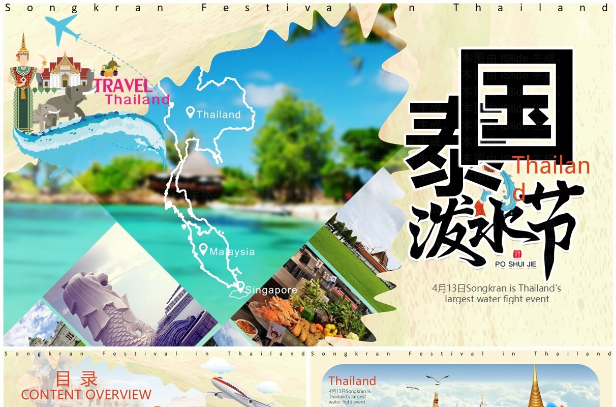 黄色卡通风泰国泼水节PPT模板
