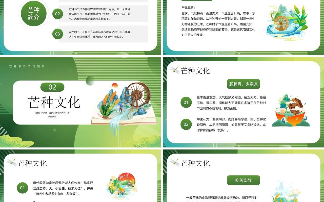 绿色插画风芒种节气文化知识PPT模板