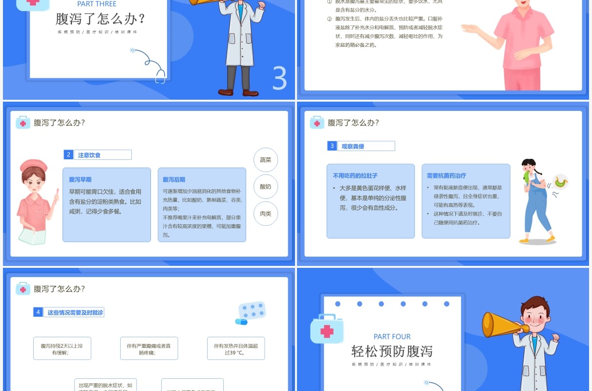 蓝色卡通风夏季腹泻知识讲座PPT模板
