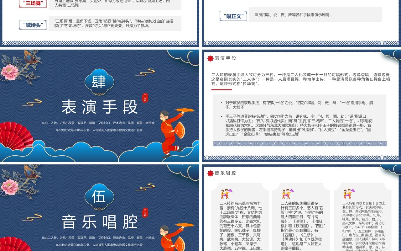 蓝色中国风非遗系列之东北二人转PPT模板