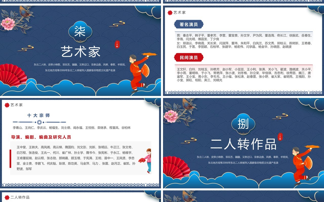 蓝色中国风非遗系列之东北二人转PPT模板