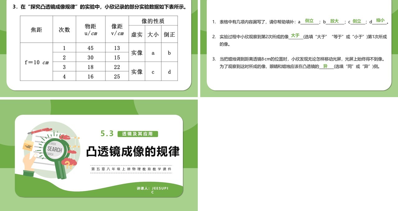 部编版5.3第五章凸透镜成像的规律八年级物理课件PPT模版