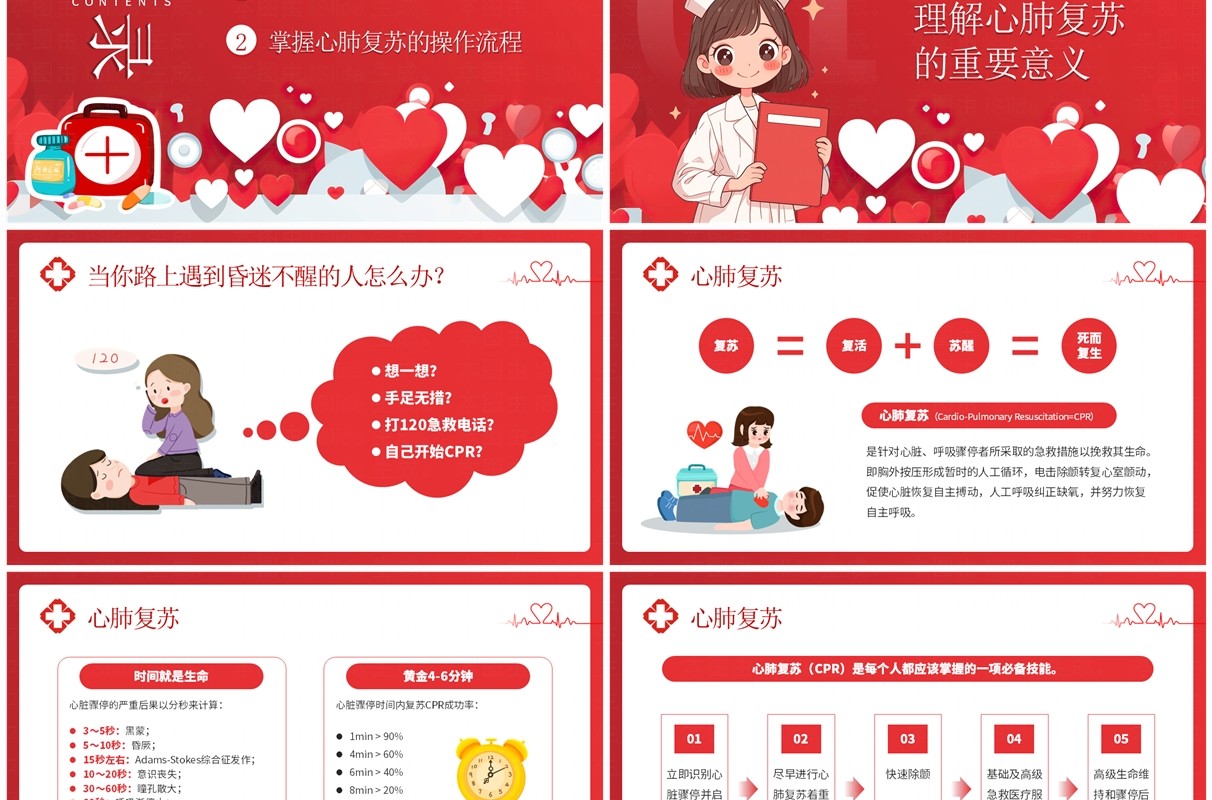 红色爱心卡通风心肺复苏知识技能培训PPT模板