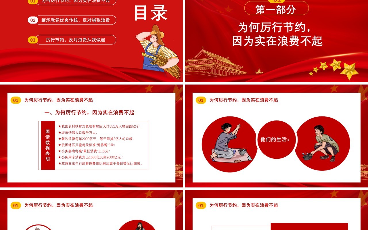 红色厉行节约拒绝浪费养成克勤克俭的习惯党政军警通用PPT模板
