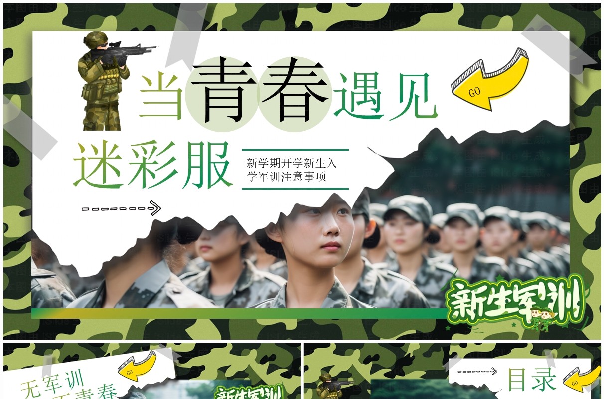 绿色迷彩卡通风新学期开学新生军训PPT模板