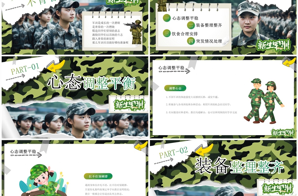 绿色迷彩卡通风新学期开学新生军训PPT模板