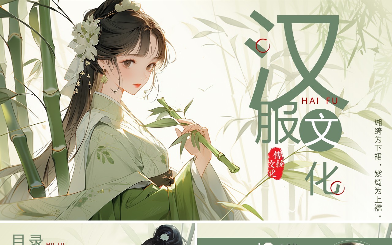绿色中国风传统汉服文化主题PPT模板
