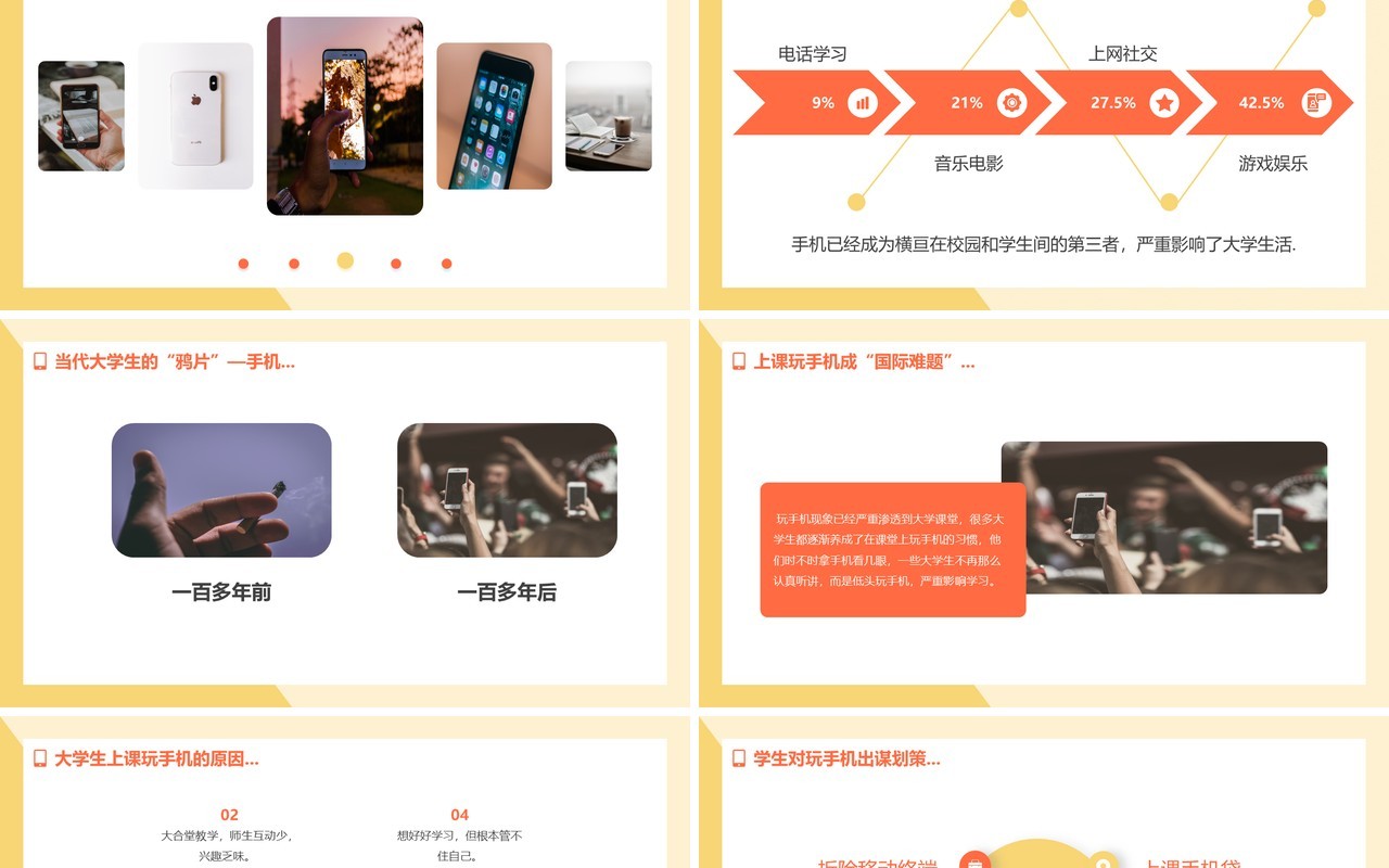 黄色简约风让手机远离课堂让听讲成为习惯教育主题班会PPT模板