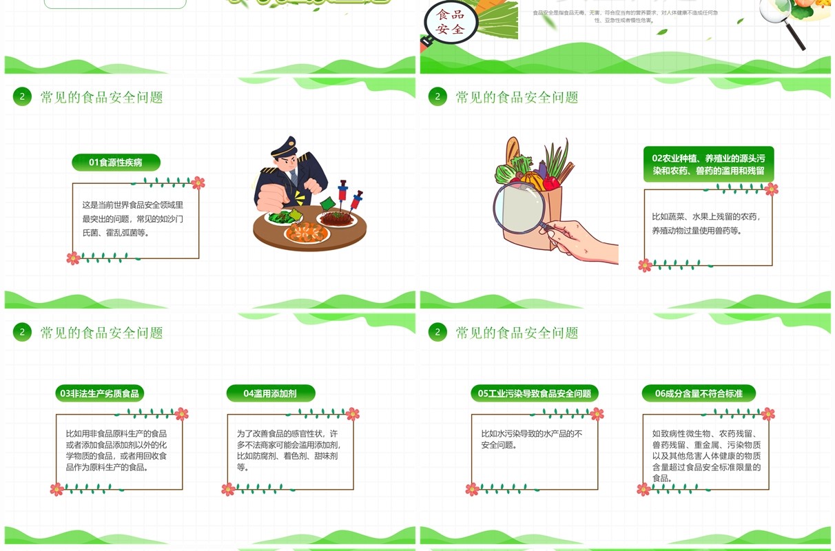 绿色卡通风食品安全法主题班会PPT模板