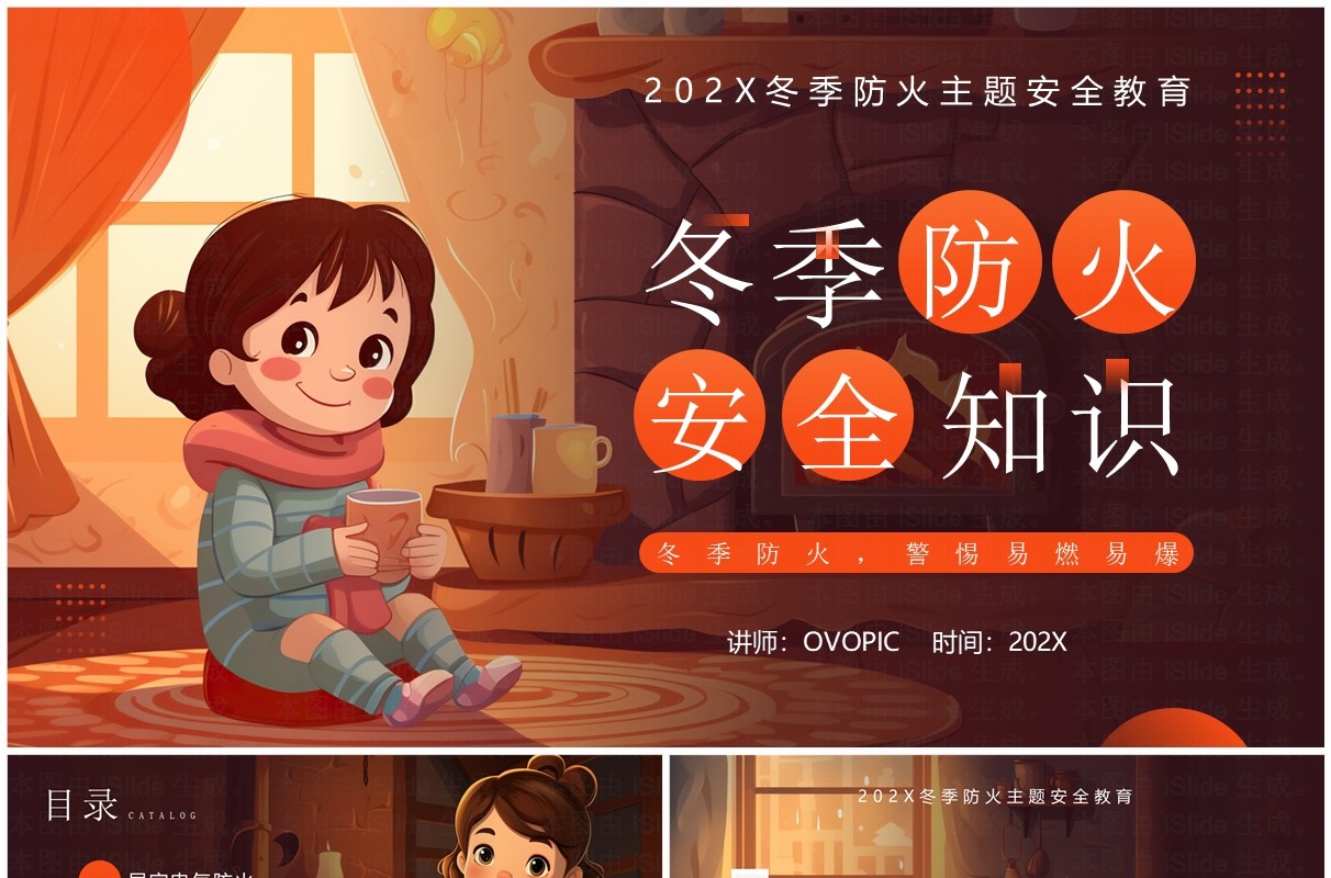 橙色插画风冬季防火安全知识PPT模板