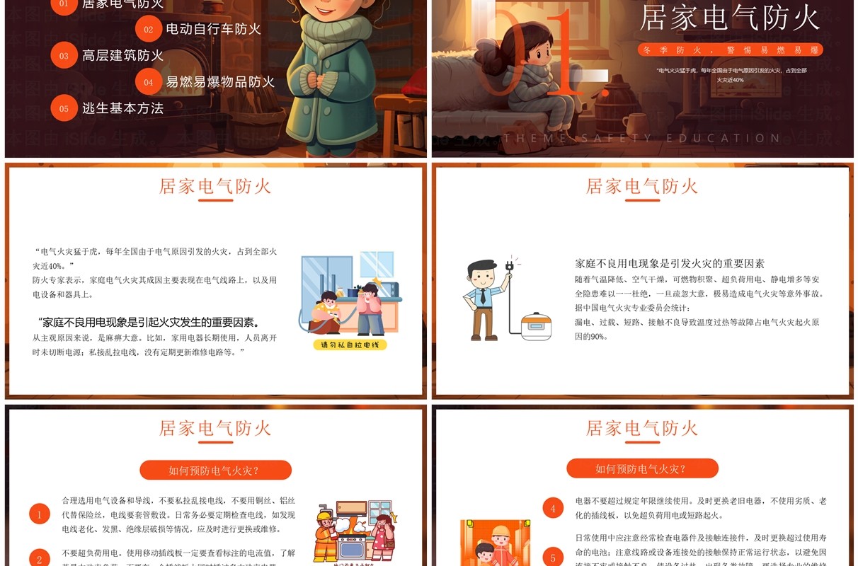 橙色插画风冬季防火安全知识PPT模板