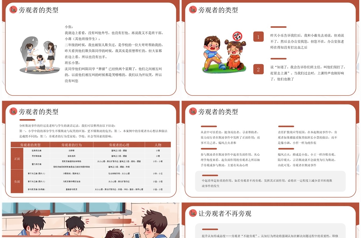 棕色插画风打破旁观才能阻止暴力防范校园欺凌PPT模板