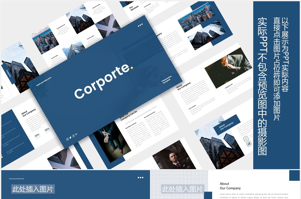 蓝色公司介绍企业宣传图片版式设计PPT模板Corporate Presentation - iWantemp