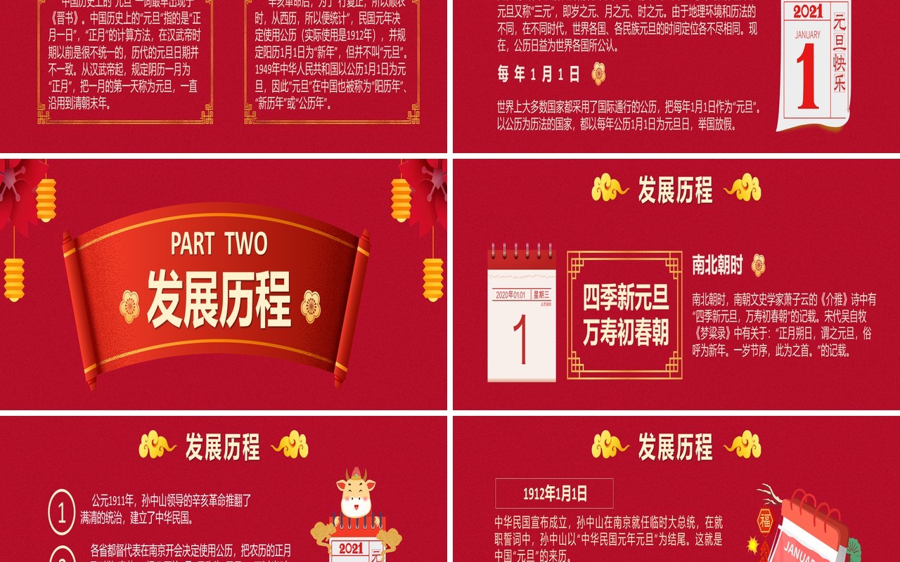 2021红色大气中国传统节日元旦介绍通用宽屏PPT模板