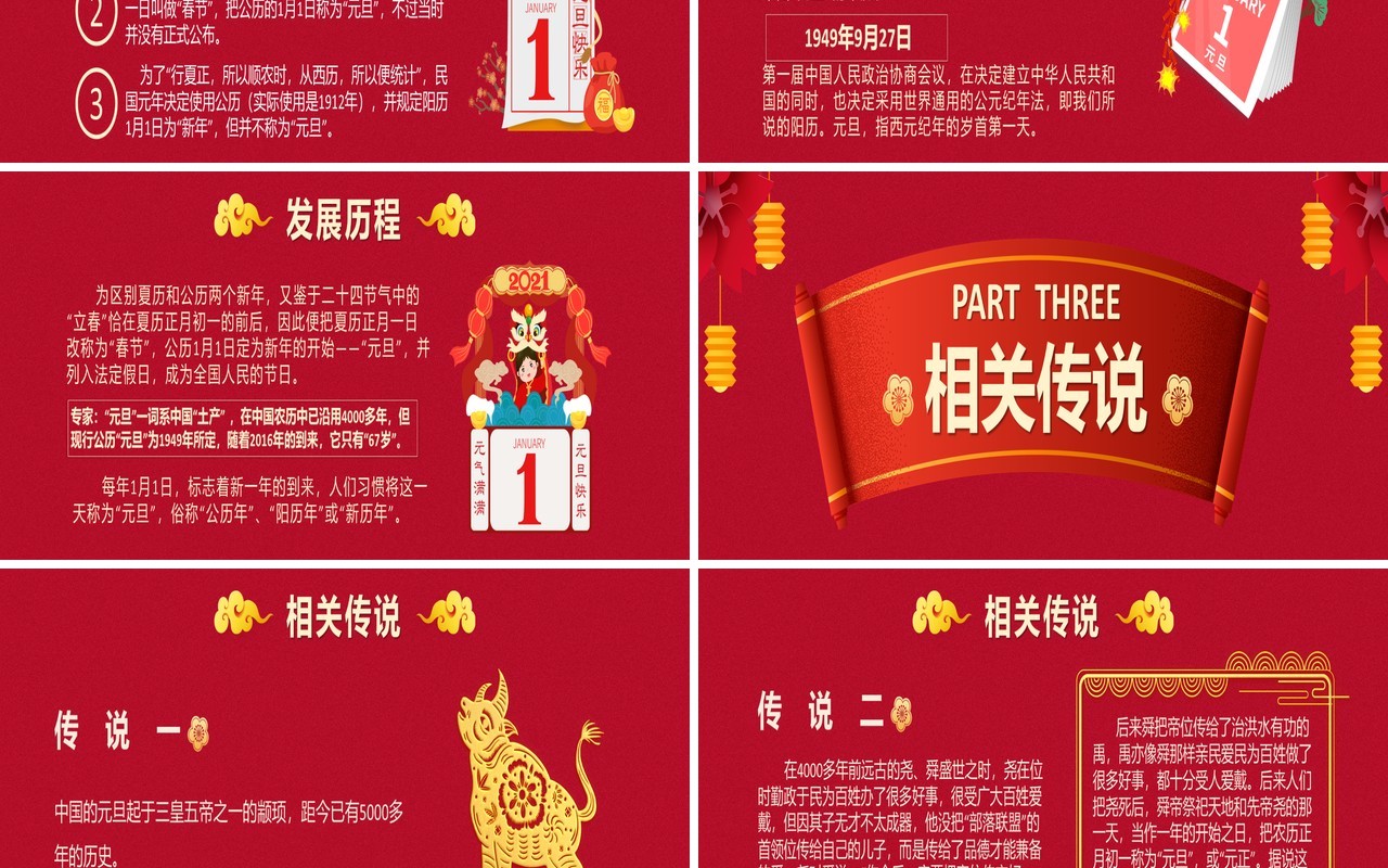 2021红色大气中国传统节日元旦介绍通用宽屏PPT模板