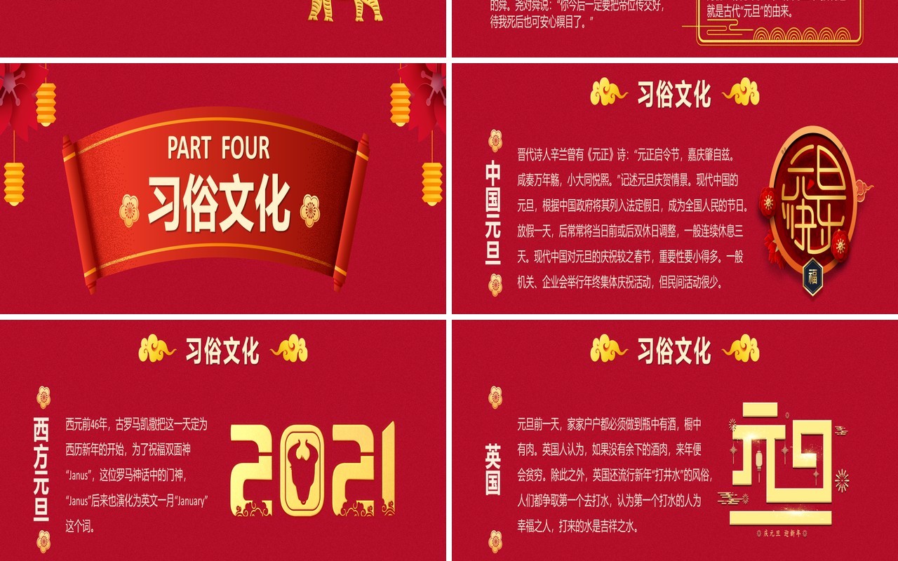 2021红色大气中国传统节日元旦介绍通用宽屏PPT模板